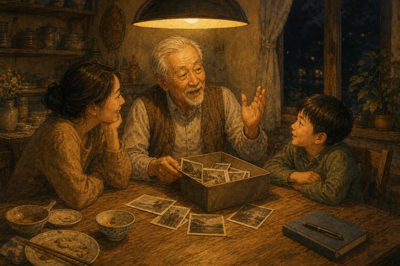 An illustration in warm storybook style: a grandfather mid-story at the kitchen table after dinner, a daughter and grandson leaning in to listen, an open shoebox of old photographs between them, and at the table's edge a closed notebook with a pen resting on top, untouched