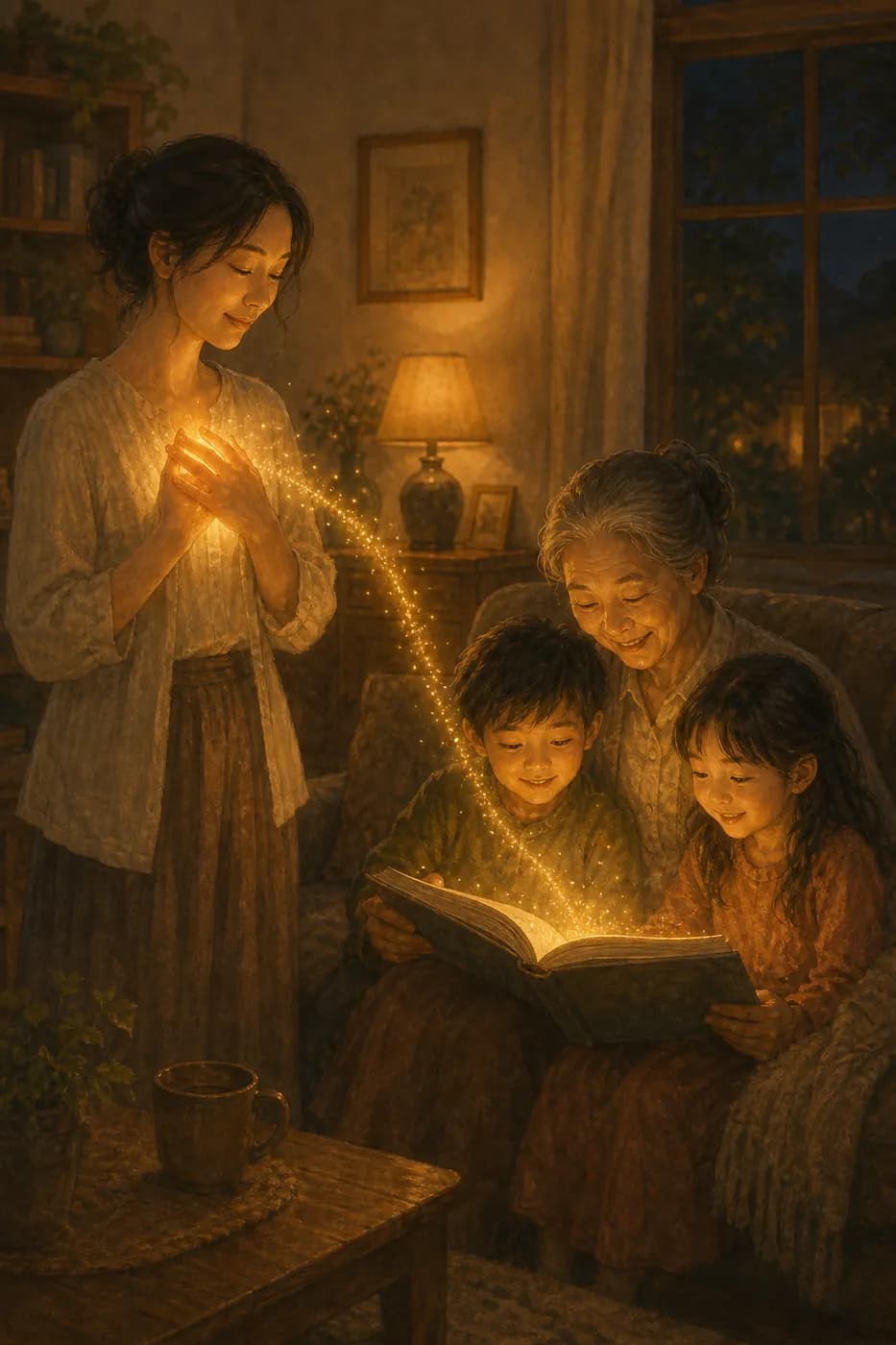 An illustration in warm storybook style: a woman holds a small golden glow close to her chest, and a trail of golden light arcs from her hands into an open picture book that a grandmother and two children are reading together on a sofa