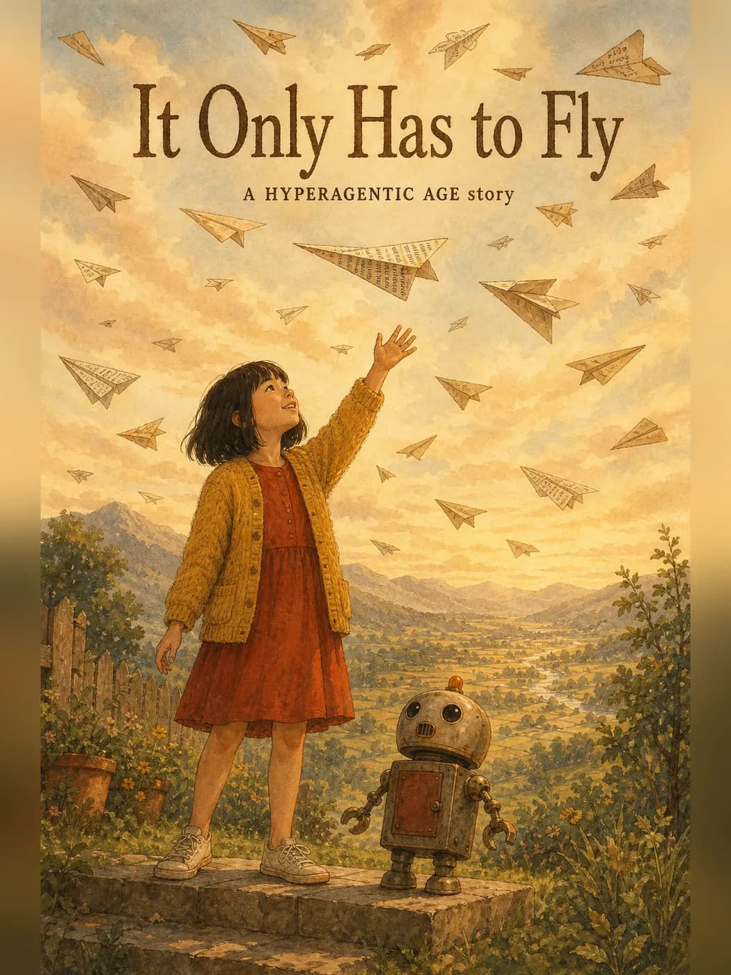 The cover of It Only Has to Fly, a finished picture book made here: a girl on a garden wall reaching up into a sky full of paper planes, a small robot at her side