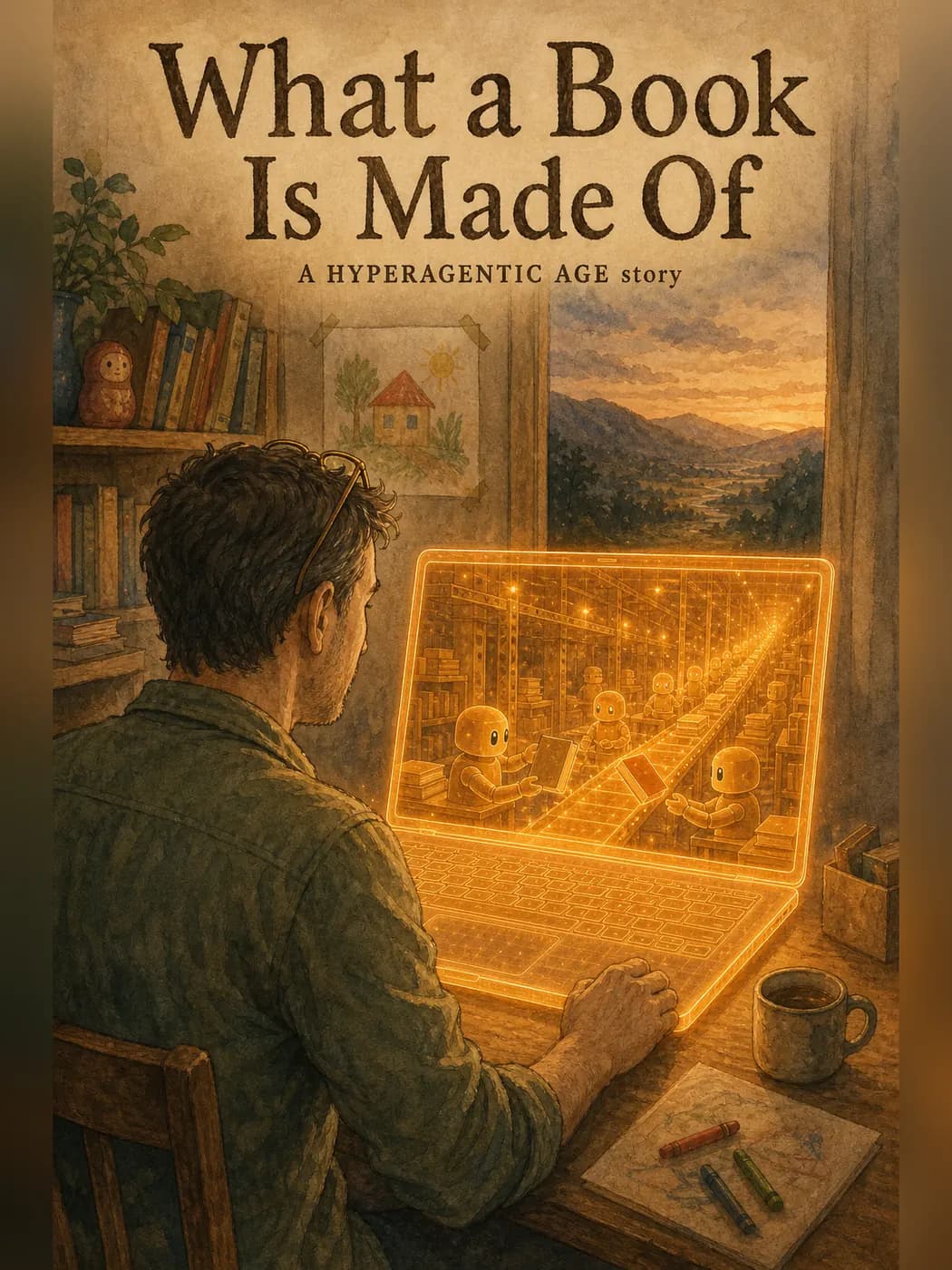 The cover of What a Book Is Made Of, a finished picture book made here: a father at a warm desk in the evening, the story taking shape in the glow before him