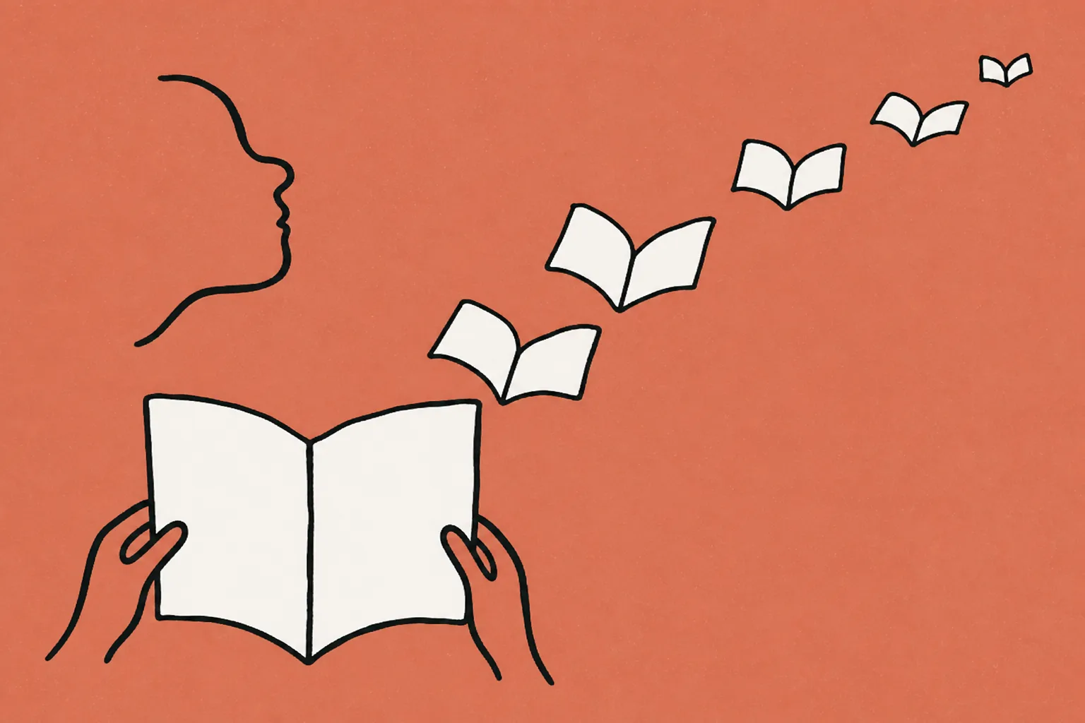 Hand-drawn illustration: two hands hold an open cream storybook while smaller books rise from its pages like a flock of birds, watched by a child's profile drawn in a single line.